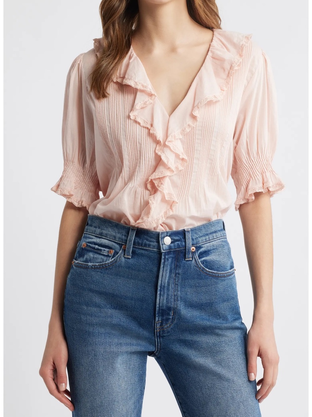 BNWT Doen Henri Top Ruffled V-Neck Blouse in Pale Pink